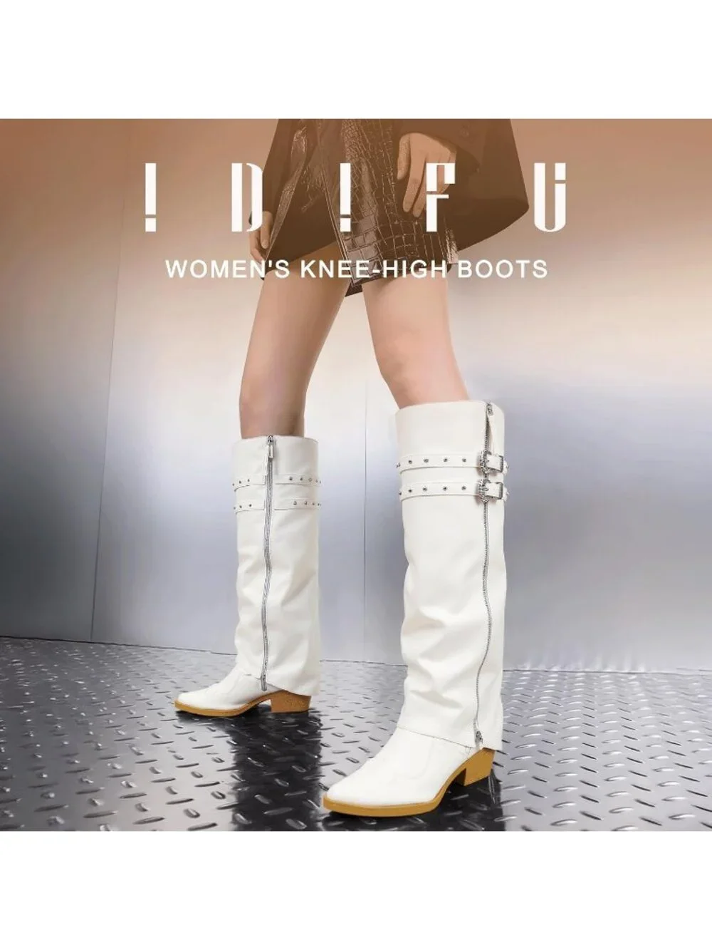 Women's White Manmade Knee High Fold Over Studded Chunky Heel Shark Boots